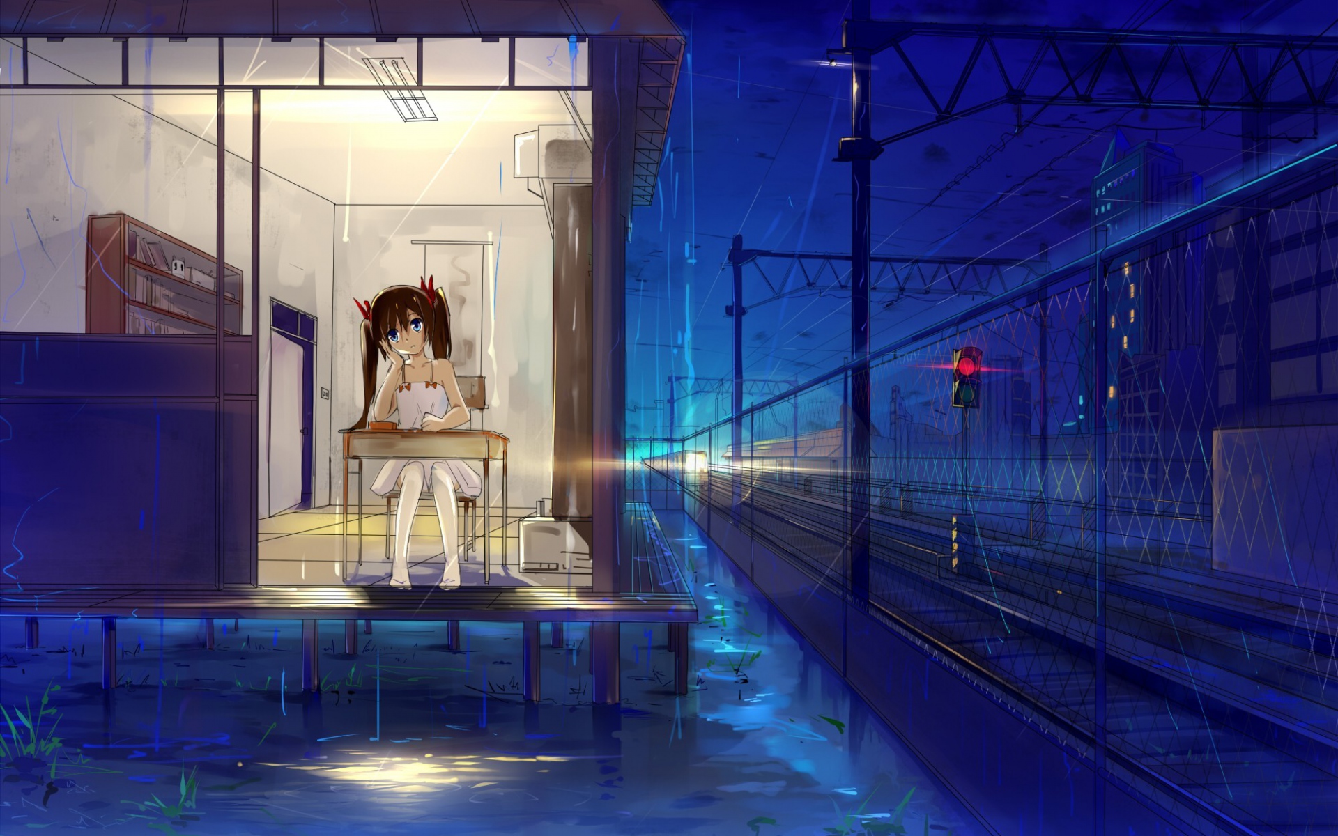 Картинки Haraguro вы, дом, девушка, дождь, железная дорога фото и обои на рабочий стол