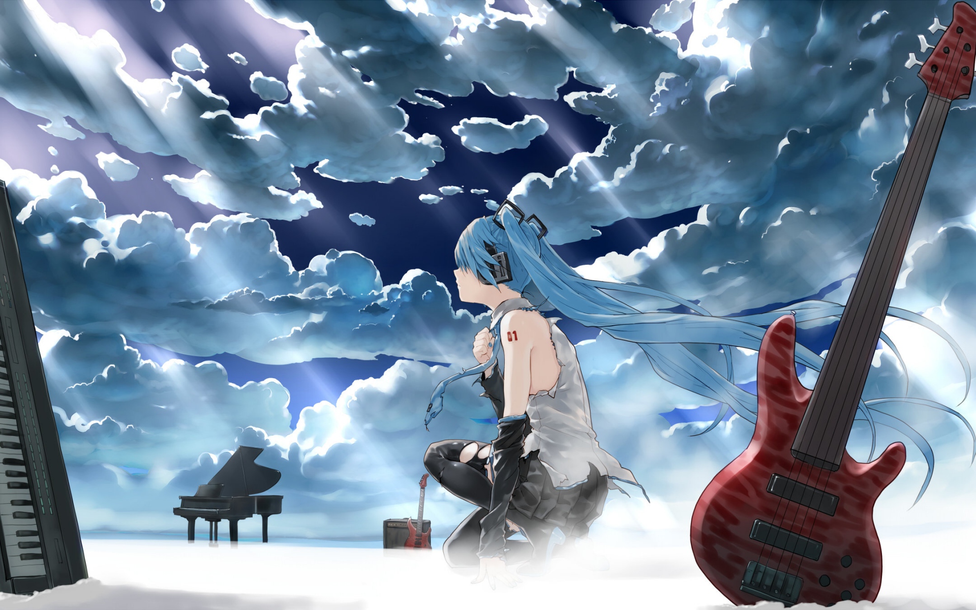 Картинки Hatsune miku, вокалоид, девушка, гитара, фортепиано, небо фото и обои на рабочий стол