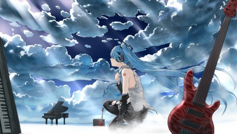 Hatsune miku, вокалоид, девушка, гитара, фортепиано, небо