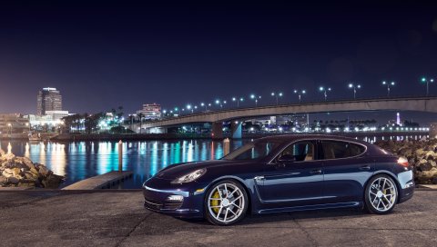 Porsche, panamera s, город, ночь, вид сбоку