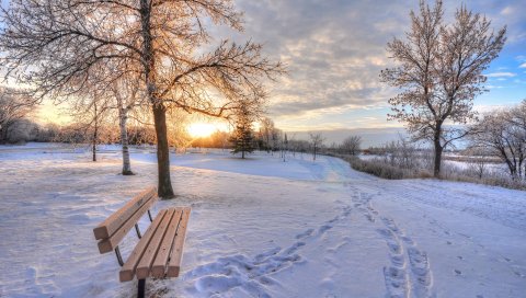 Зима, снег, рассвет, следы, скамейка