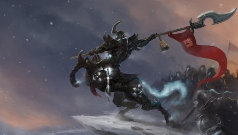 Лига легенд, hecarim, искусство, снег, оружие, красный флаг