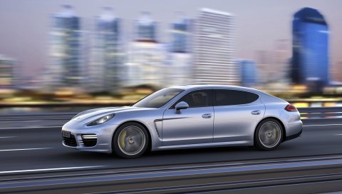 PORSCHE, Panamera, вид сбоку, движение, серебряный