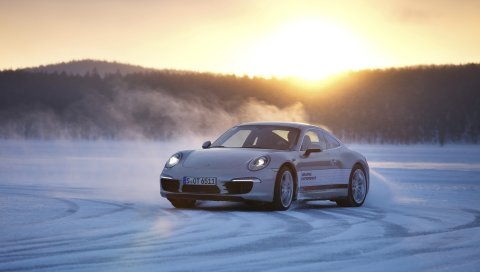 Porsche, 911, белый, зима, снег, дрейф