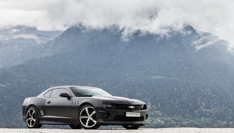 Chevrolet, camaro ss, черный, вид сбоку, гора