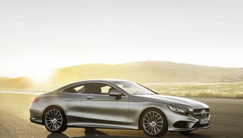 Mercedes-benz, s-class, купе, вид сбоку, серебро