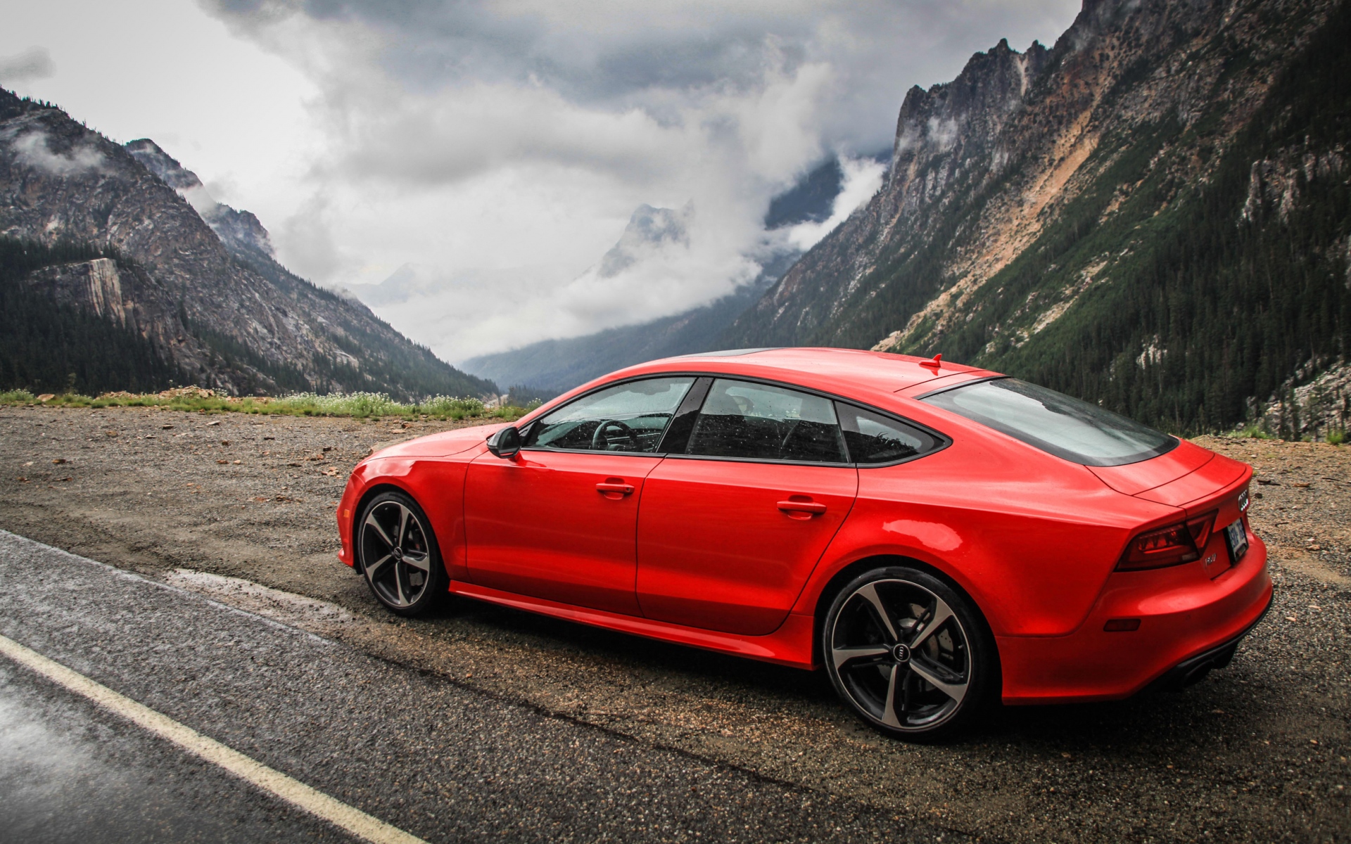 Картинки Audi, rs7, красный, вид сбоку, гора фото и обои на рабочий стол