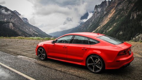 Audi, rs7, красный, вид сбоку, гора