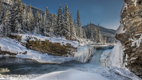 Зима, снег, водопад, лед, деревья