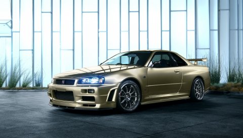 Nissan skyline, r34, золотой, вид сбоку
