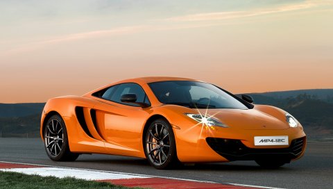 Mclaren mp4-12c, трек, оранжевый, вид сбоку, сумерки