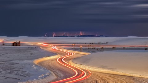 Зима, снег, дорога, ночь, свечение, задержка