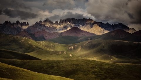 Горы, горный хребет, трава, расстояние