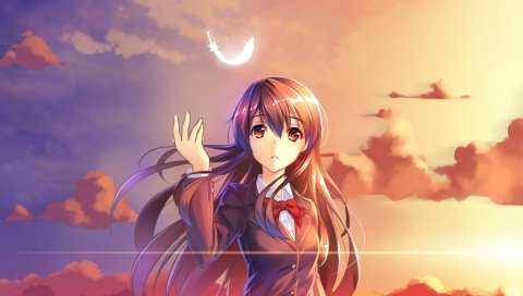 Ame no uta, nico nico певец, перо, закат, школьница, девушка