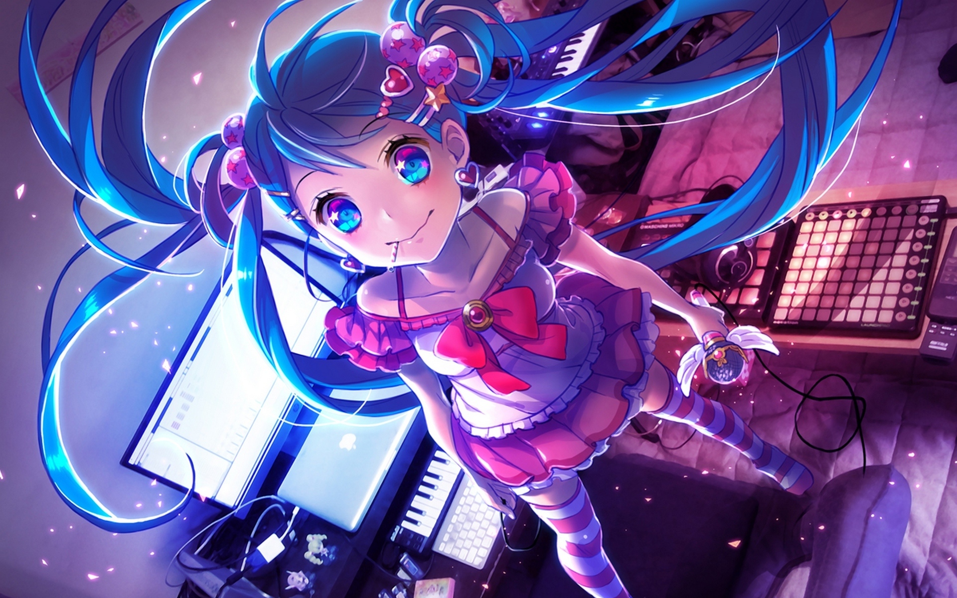 Картинки Yamori, stom, hatsune miku, вокалоид, клавиатура, синтезатор, микрофон фото и обои на рабочий стол