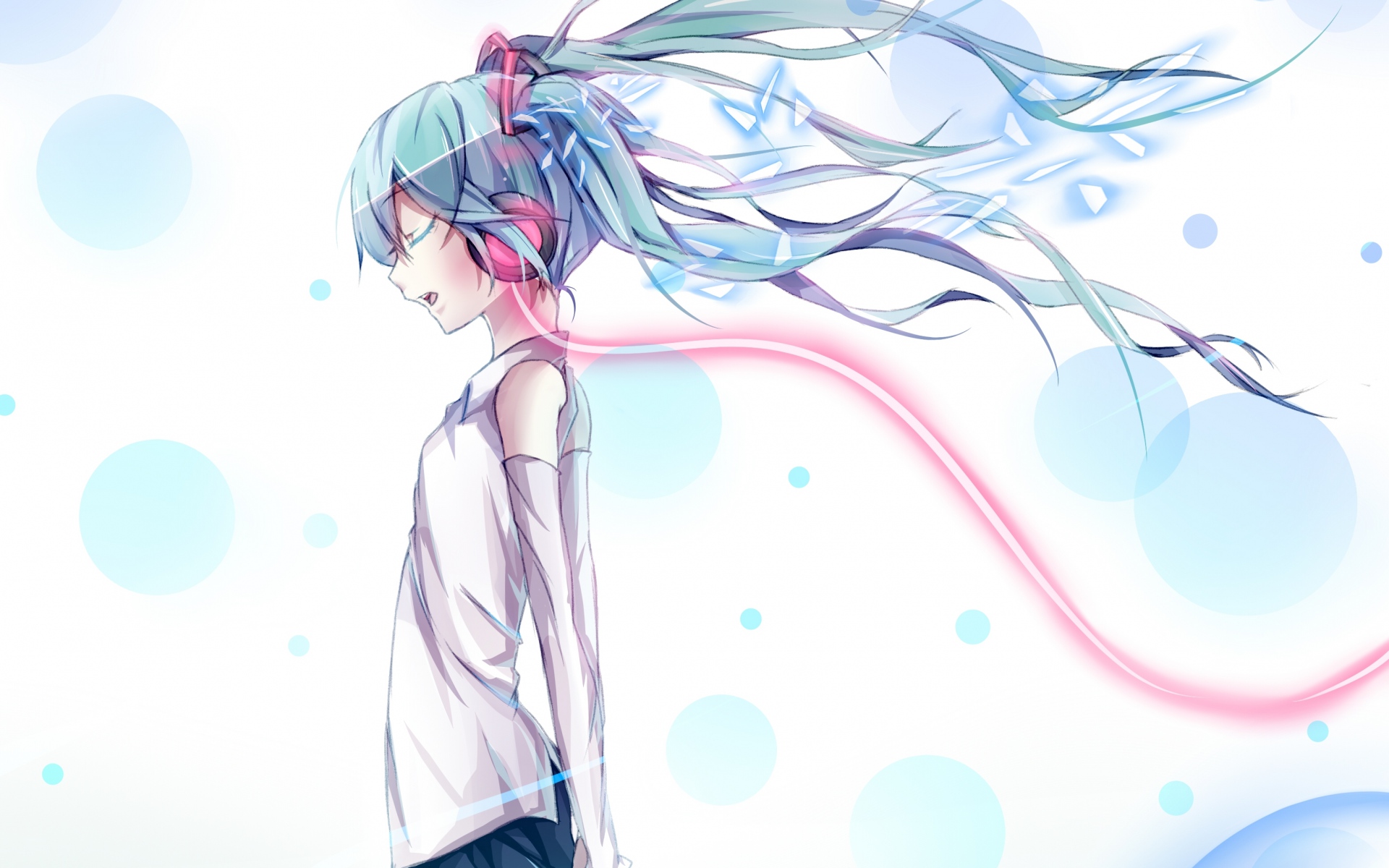 Картинки Vocaloid, Хацунэ Мику, наушники, провод, вода фото и обои на рабочий стол