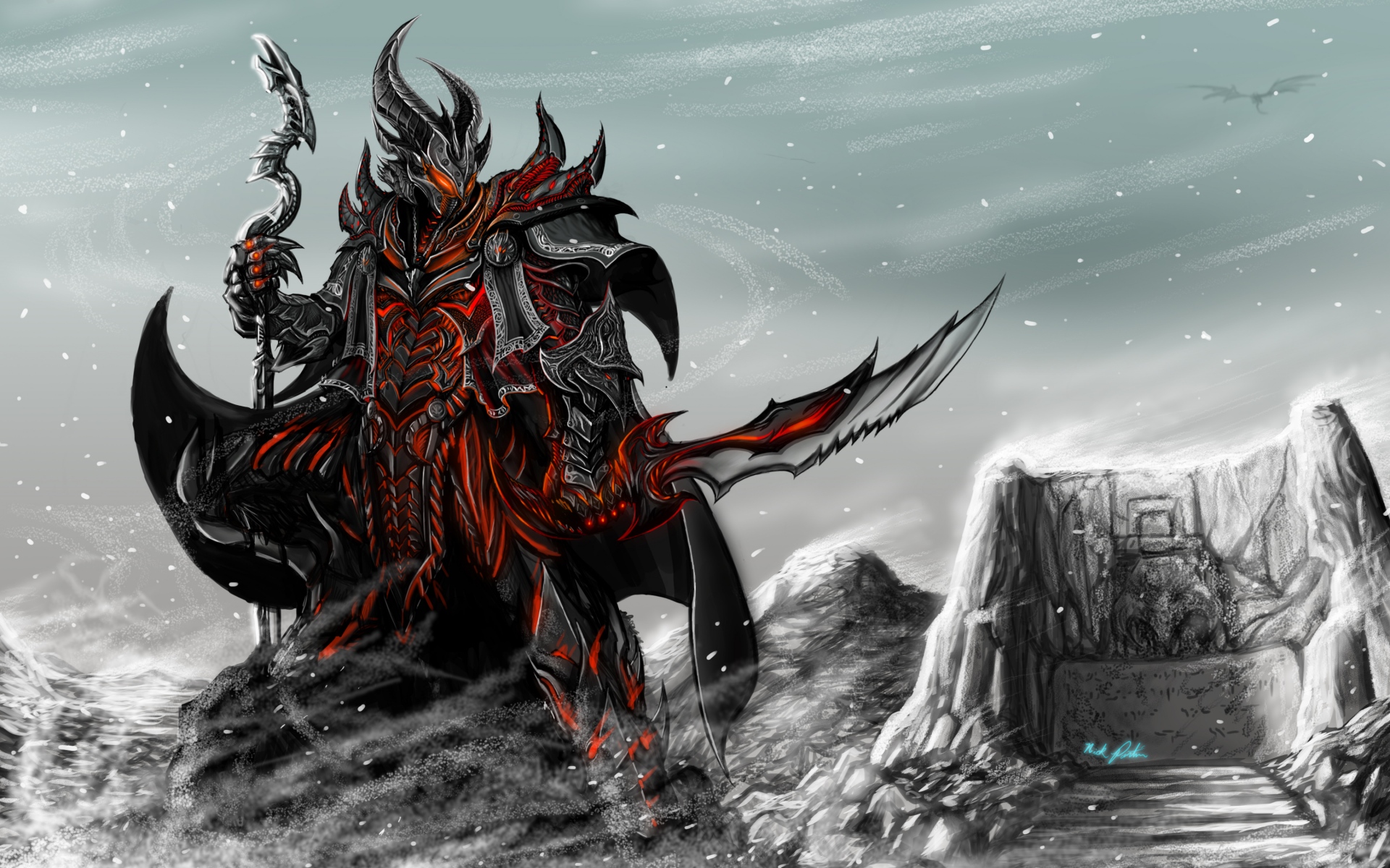 Картинки Skyrim, игры, искусство, мотоциклист, доспехи, персонал, меч фото и обои на рабочий стол