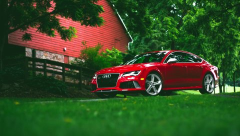 ауди, RS7, красная, трава, вид сбоку