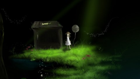 yatsude, аниме, искусство, трава, здание