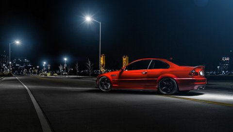 Bmw, m3, e46, автомобиль, красный, вид сбоку, ночь