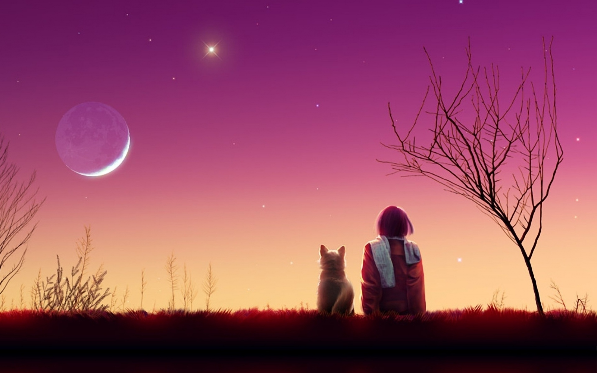 Картинки Kagaya moon, аниме, девушка, кошка, закат, природа фото и обои на рабочий стол