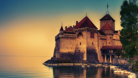 Замок Chillon, Швейцария, озеро Женева, пейзаж