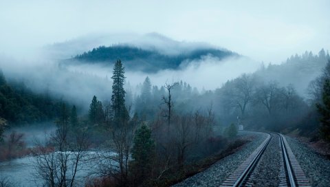 Железная дорога, туман, деревья, озеро, гора