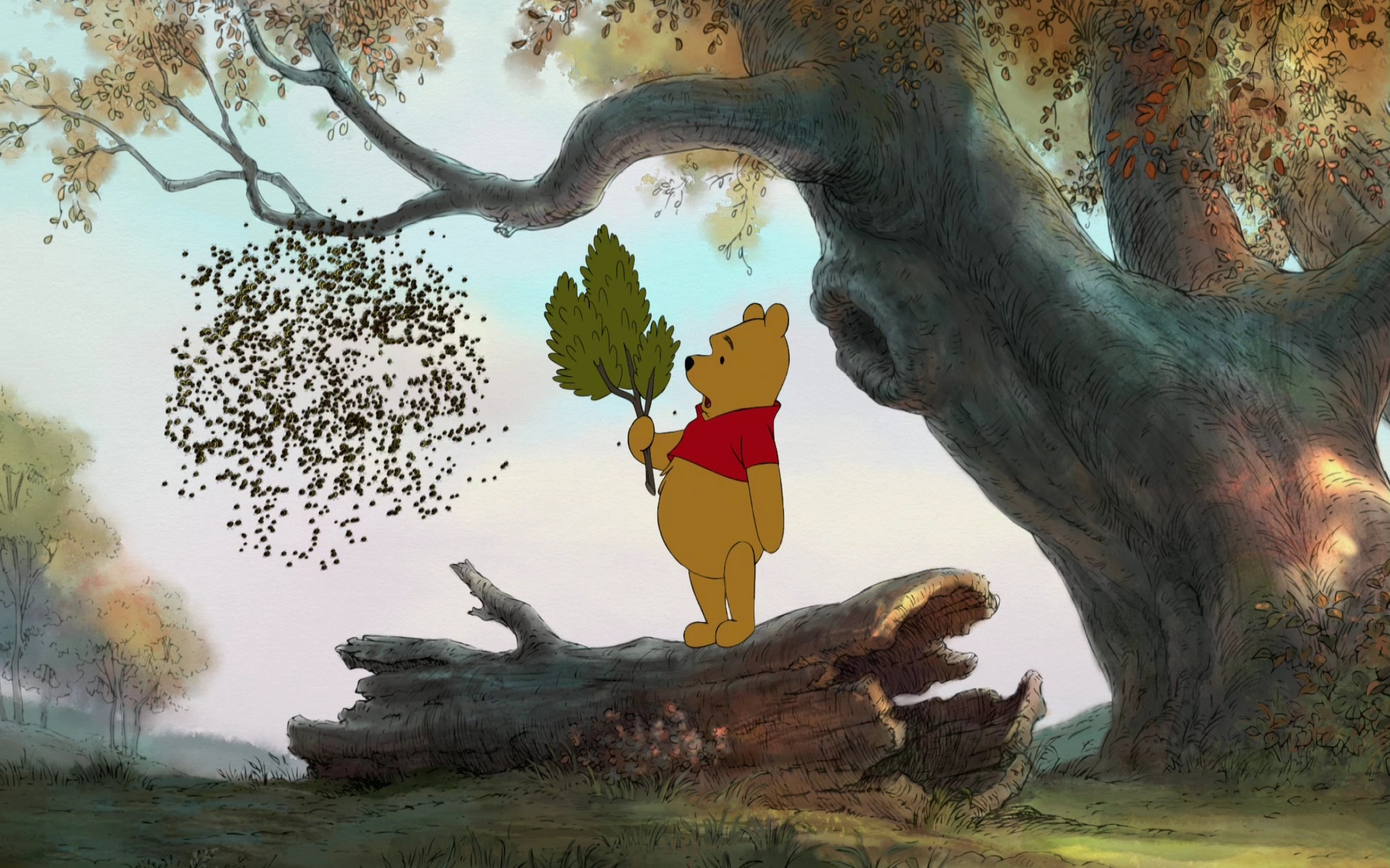 Картинки Winnie the pooh, медведь, лист, дерево, ветер фото и обои на рабочий стол