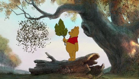 Winnie the pooh, медведь, лист, дерево, ветер