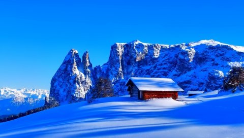 Горы, снег, хижина, верх, зима