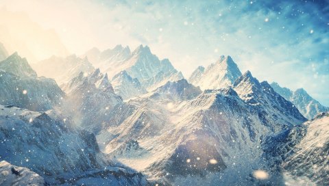 Skyrim, горы, зима, снег, блеск, блики