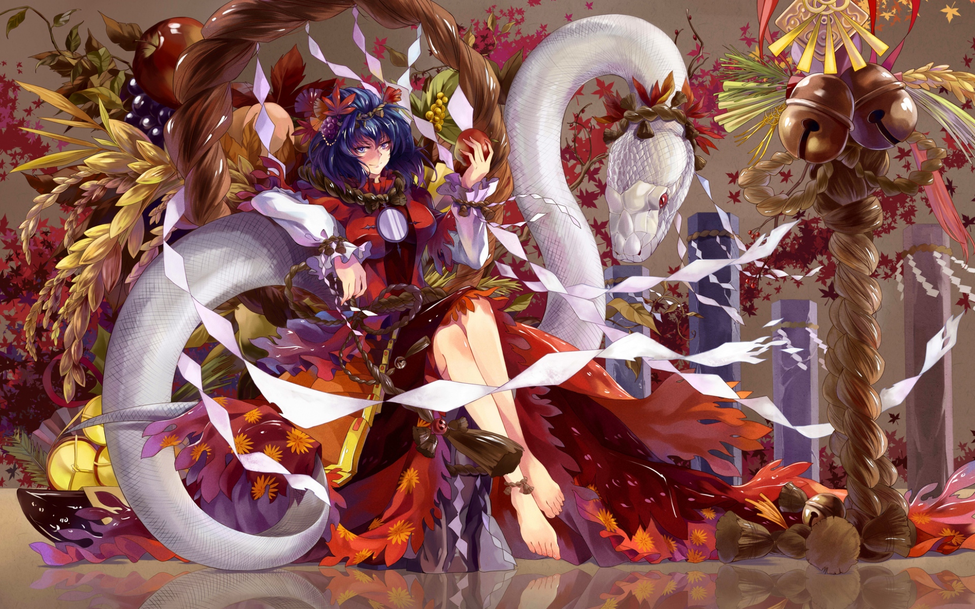 Картинки Touhou, yasaka kanako, аниме, девушка, яблоко фото и обои на рабочий стол