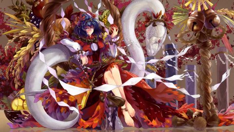 Touhou, yasaka kanako, аниме, девушка, яблоко