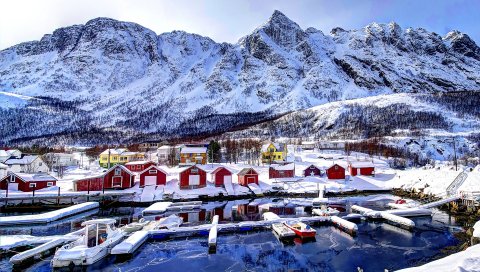Норвегия, горы, здания, бухта, зима, снег