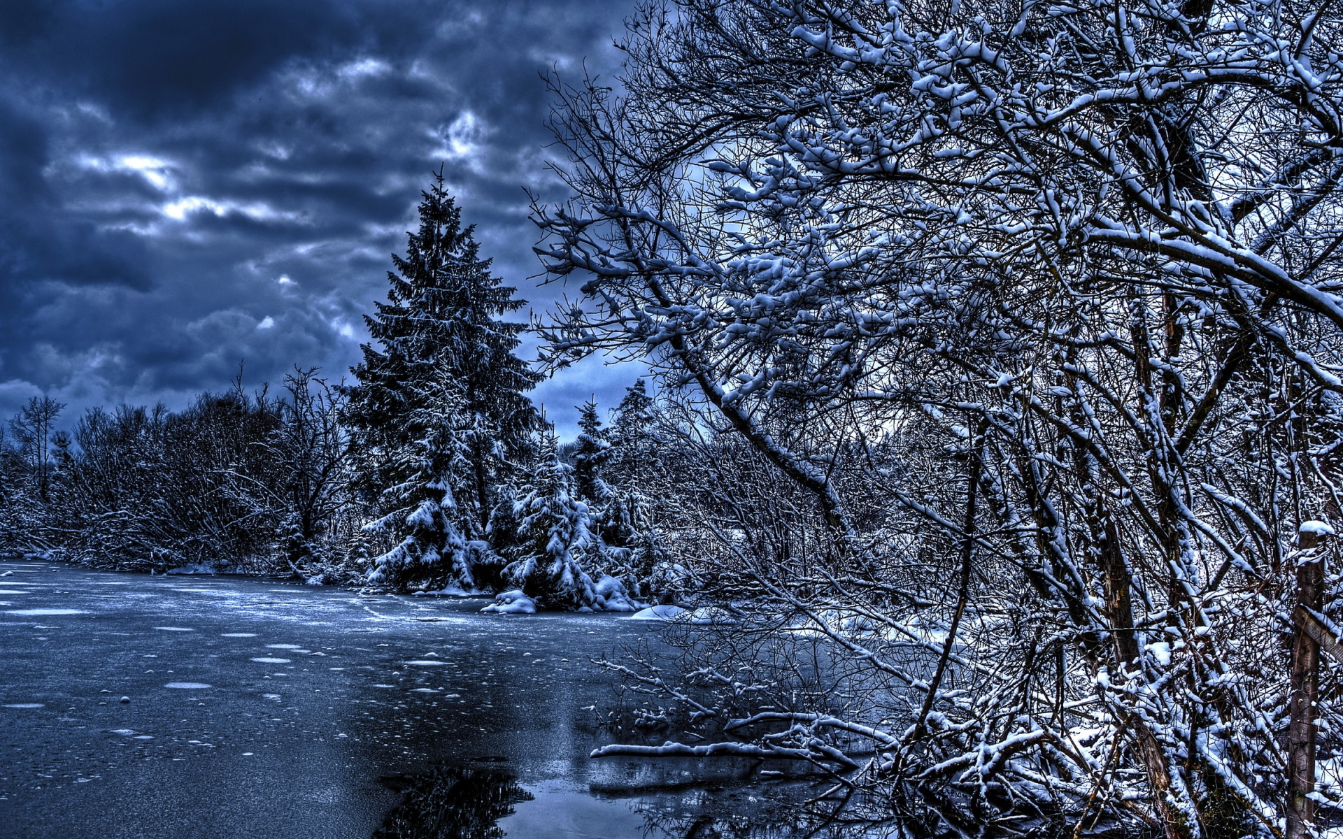 Картинки Зима, деревья, река, озеро, снег, лед, hdr фото и обои на рабочий стол