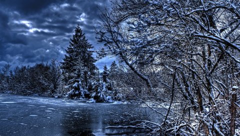 Зима, деревья, река, озеро, снег, лед, hdr