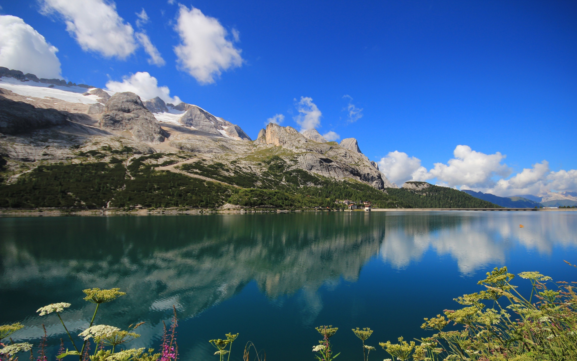 Картинки Lago fedaia, Италия, озеро, горы, растения, красивый пейзаж фото и обои на рабочий стол