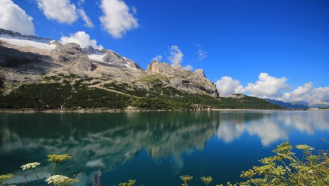 Lago fedaia, Италия, озеро, горы, растения, красивый пейзаж