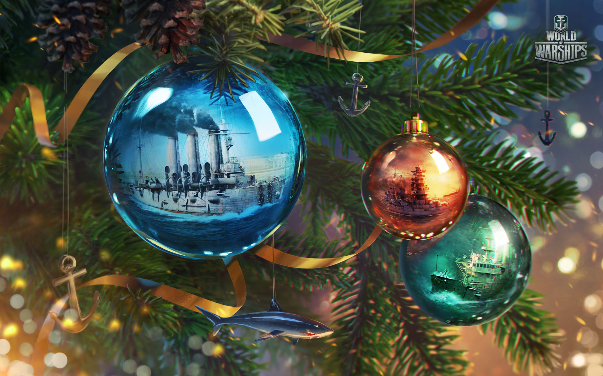 Картинки Мир военных кораблей, новый год, шары, отражение фото и обои на рабочий стол