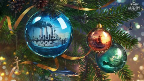 Мир военных кораблей, новый год, шары, отражение