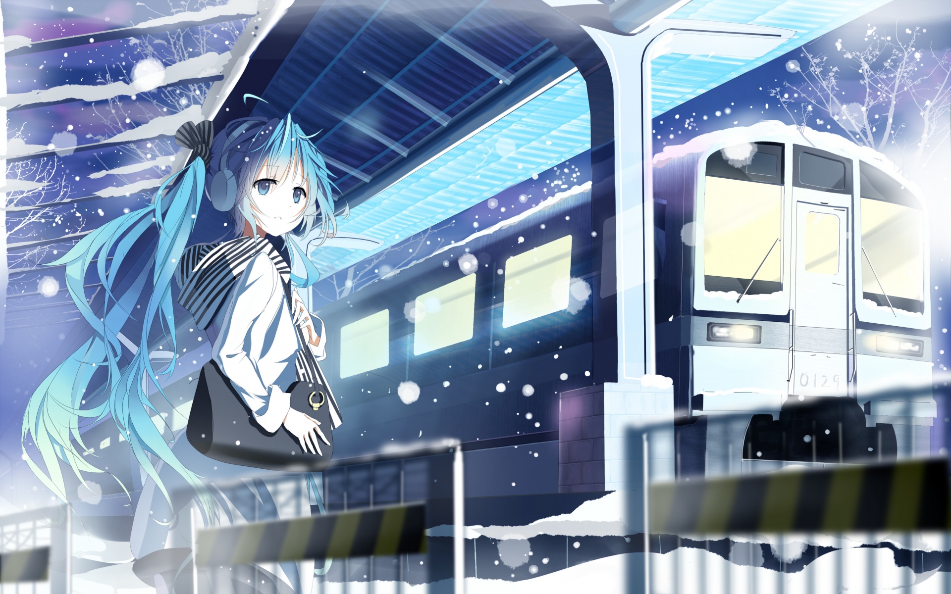 Картинки Siji, вокалоид, hatsune miku, станция, поезд, девушка, снег фото и обои на рабочий стол
