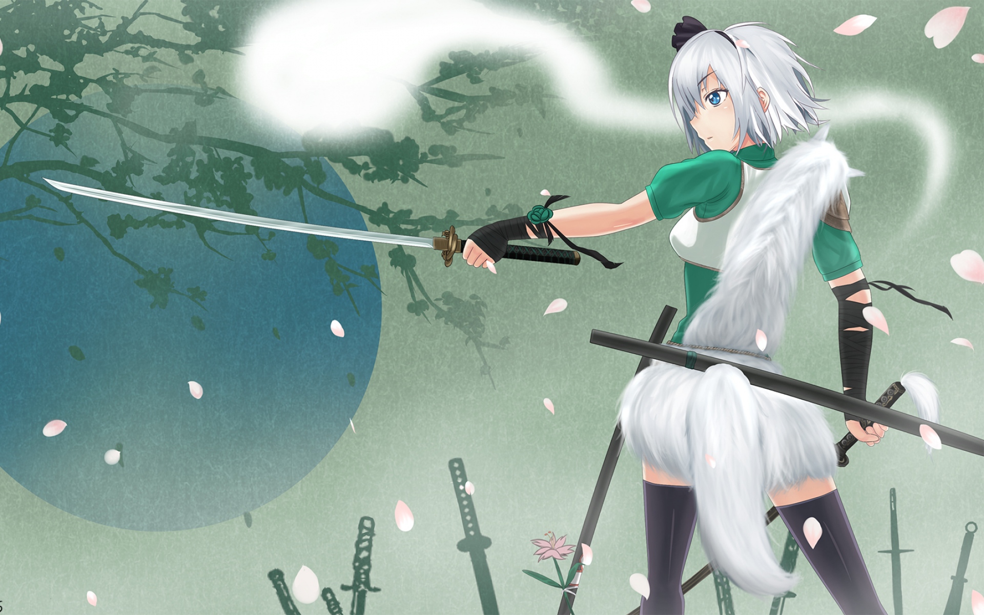 Картинки Lemoo, touhou, konpaku youmu, катана, меч, хвост фото и обои на рабочий стол