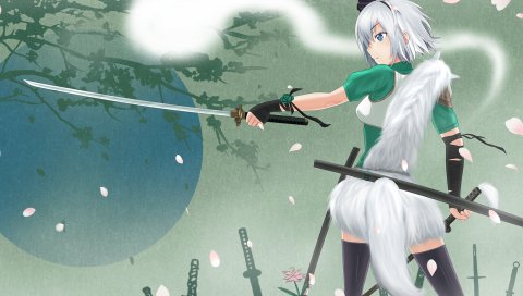 Lemoo, touhou, konpaku youmu, катана, меч, хвост