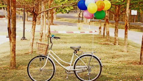 велосипед, парк, воздушные шары, трава