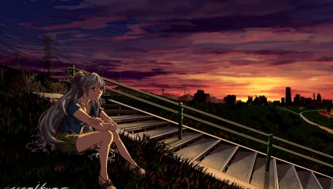 Vocaloid, Hatsune Miku, закат, девушка, лестница