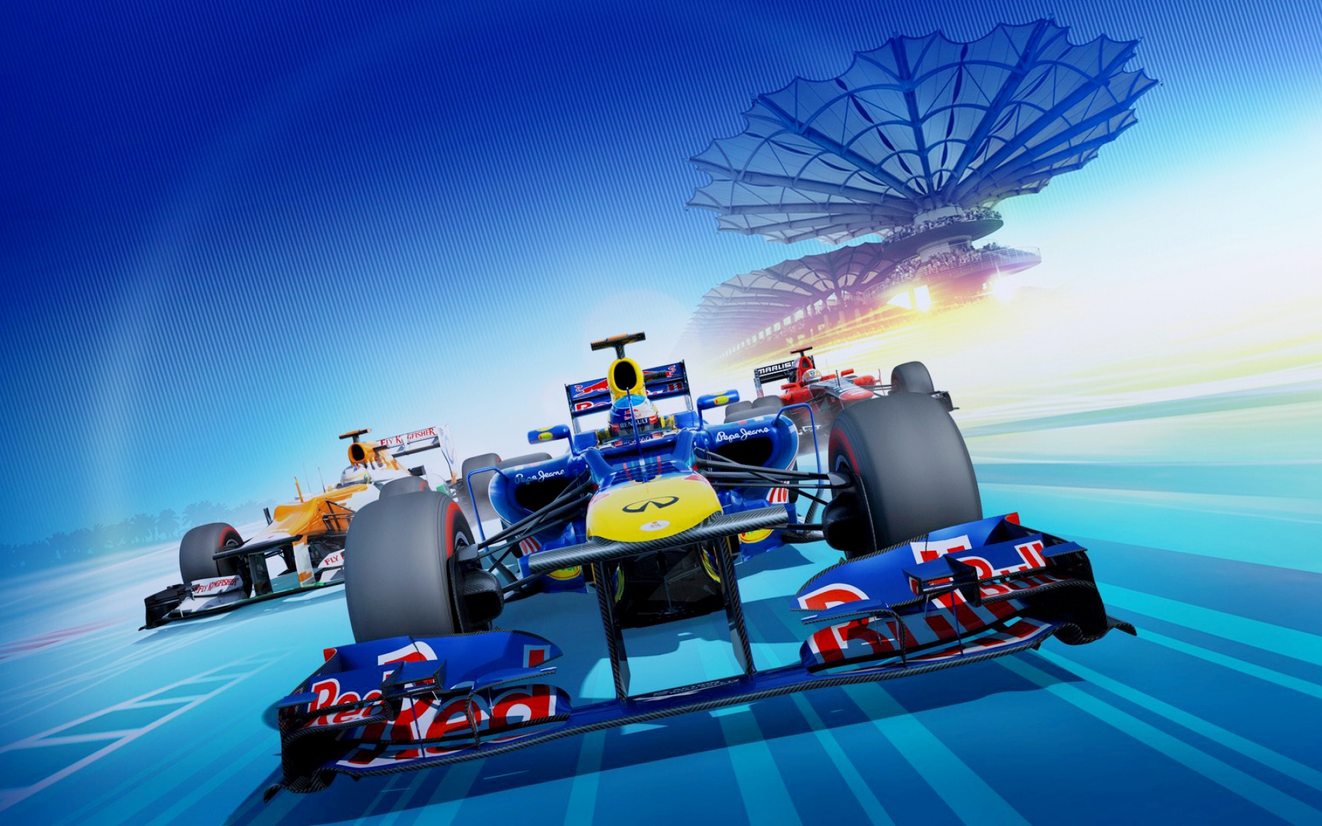 Картинки f1 2012, гоночные автомобили, красный бык, стадион, гонки, трек фото и обои на рабочий стол