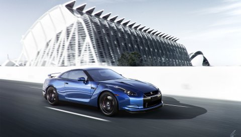 Nissan, gt-r, синий, вид сбоку, скорость