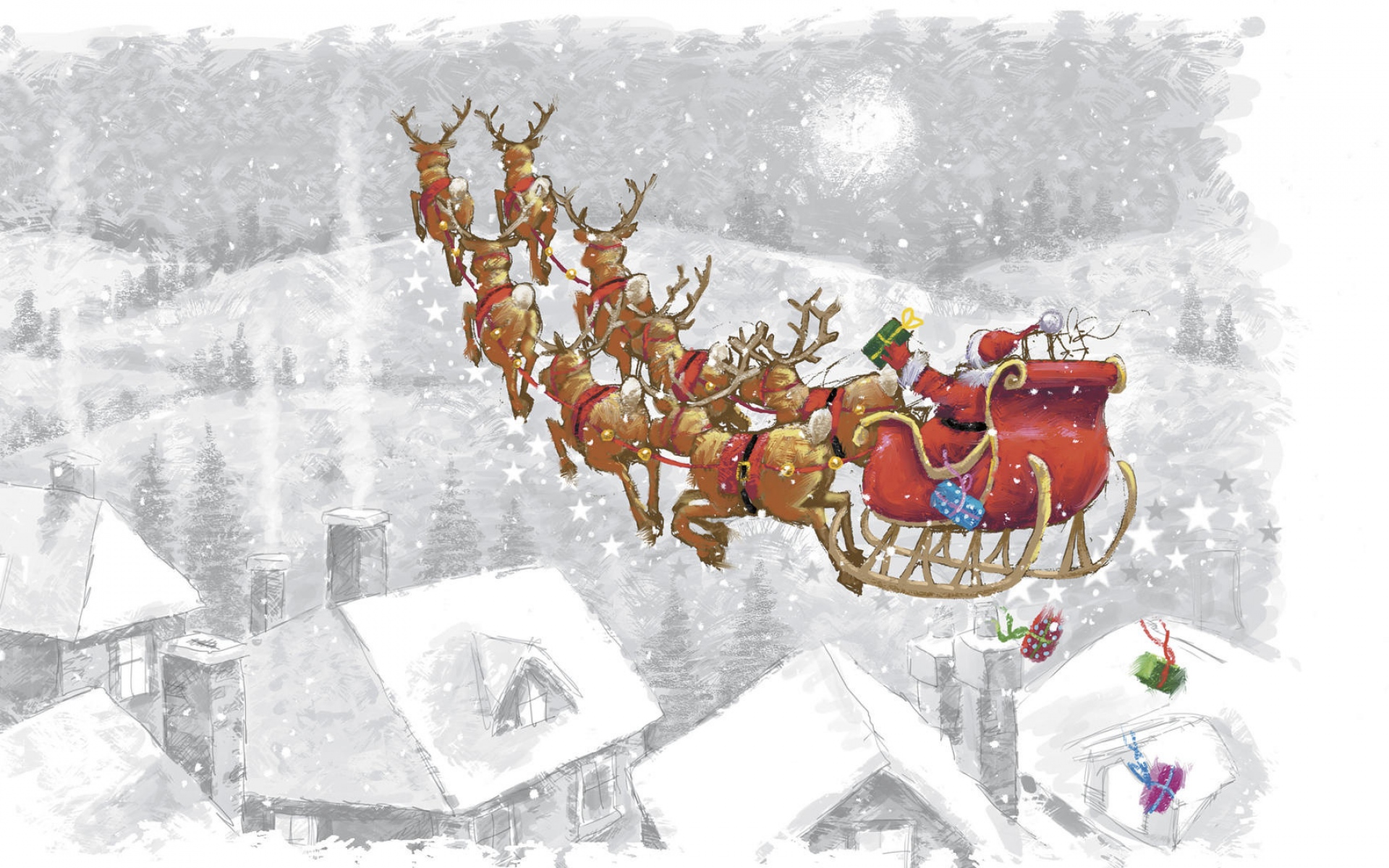 Картинки Санта-Клаус, олень, подарки, сани, полеты фото и обои на рабочий стол