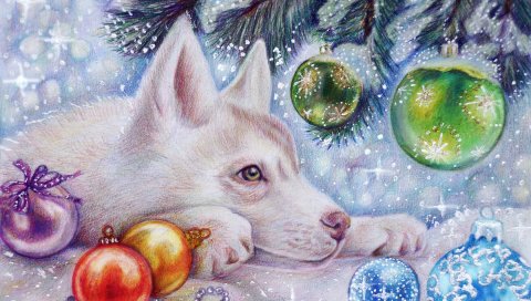 Собака, новый год, воздушные шары, искусство, праздник, рождество