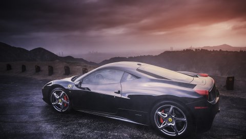 Ferrari, 458, italia, вид сбоку, черный